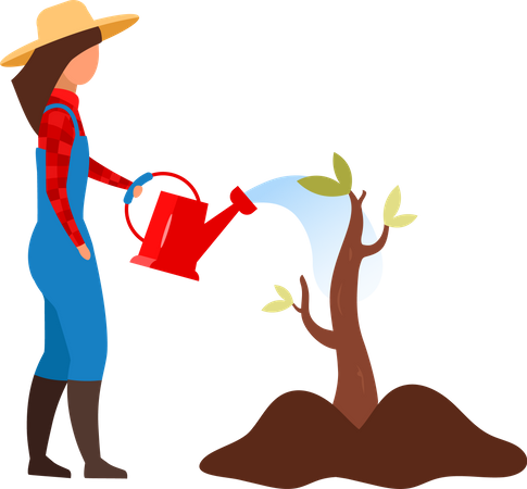 Female farmer watering sapling Illustration