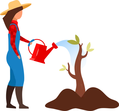 Female farmer watering sapling Illustration