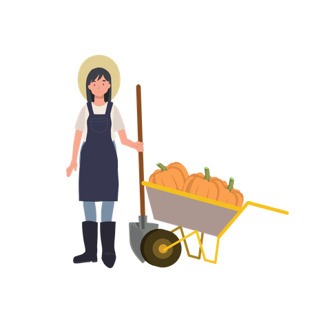 Female farmer with a cart of pumpkin  Illustration