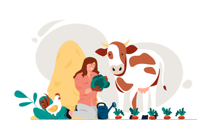 Female farmer with hen and cow  Illustration