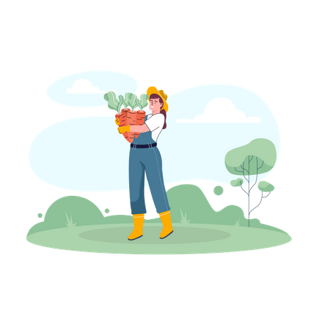 Female farmer with lots of carrots  Illustration