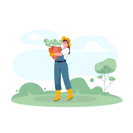 Female farmer with lots of carrots  Illustration
