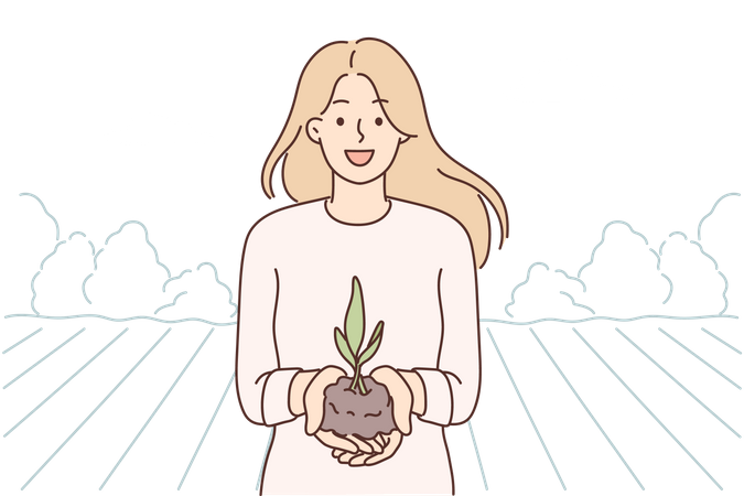 Female farmer with new sprout  Illustration