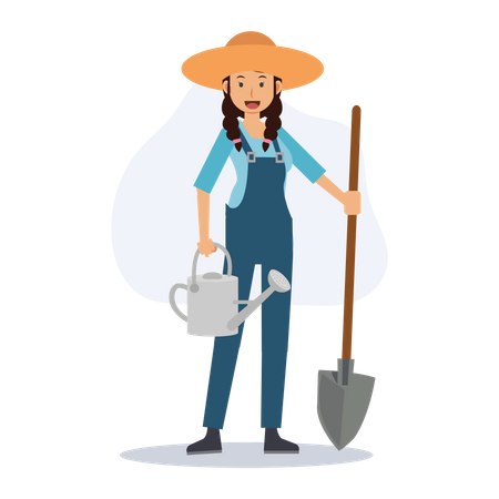 Female farmer with shovel and watering can  Illustration