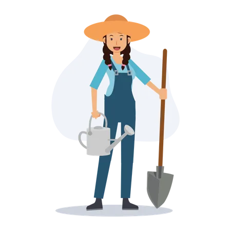 A Happy Smiling Female Farmer With A Shovel And Watering Flat Vector 2 D Cartoon Character Illustration Illustration