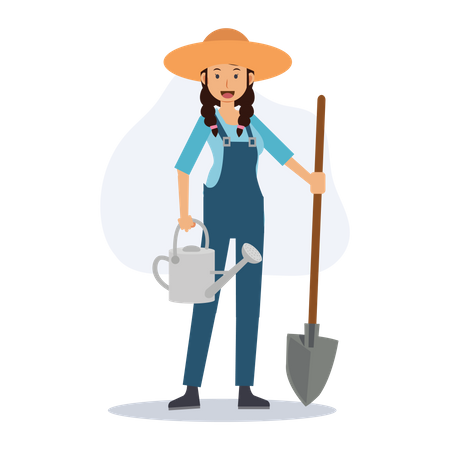 Female farmer with shovel and watering can  Illustration