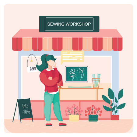 Female Fashion designer giving sewing sale Illustration
