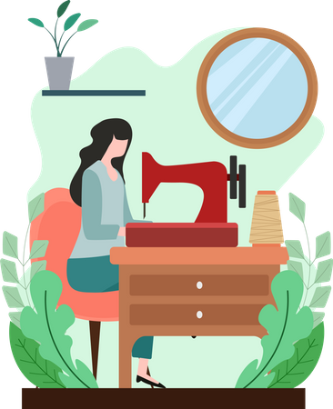 Female fashion designer working on sewing machine  Illustration