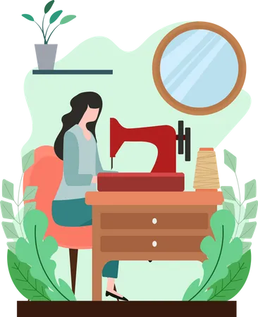 Female fashion designer working on sewing machine  Illustration