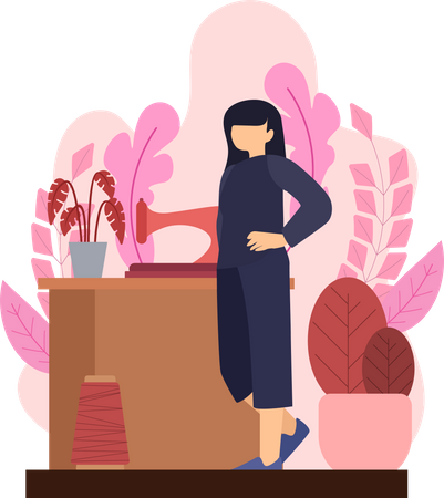 Female fashion dressmaker standing near sewing machine Illustration