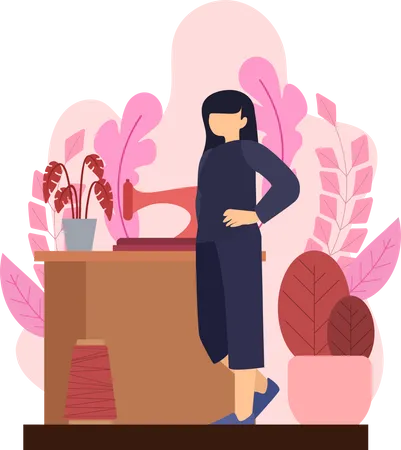 Female fashion dressmaker standing near sewing machine Illustration