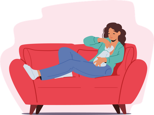 Female Feeding Baby with Breast Sitting on Couch with Newborn Child  Illustration