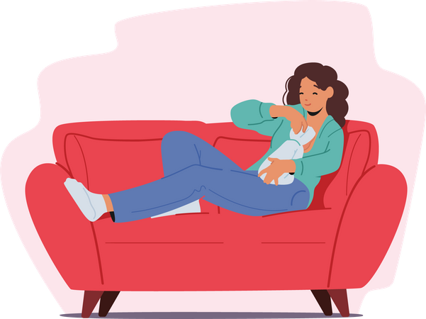 Female Feeding Baby with Breast Sitting on Couch with Newborn Child Illustration