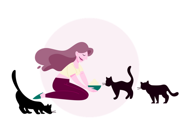 Female feeding food for cats Illustration