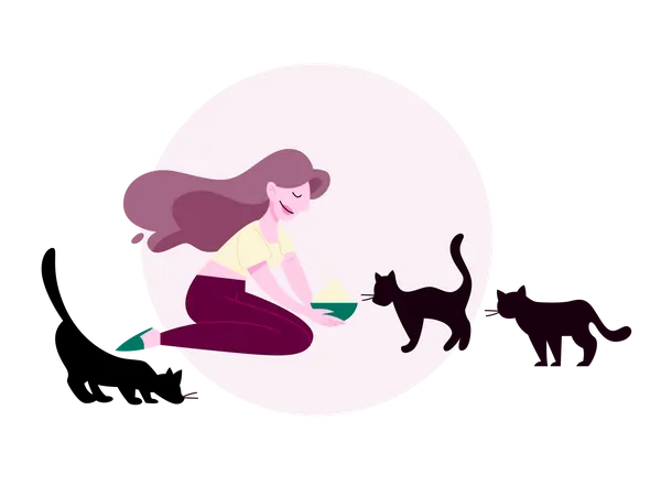 Female feeding food for cats  Illustration