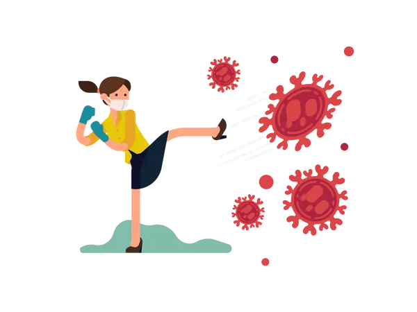 Female Flat Design Character Fighting Against Coronavirus Wearing Gloves And Protective Mask Isolated Illustration