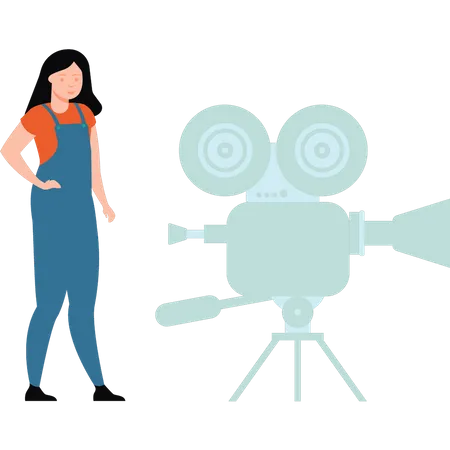 The Girl Is Standing Next To The Video Camera Illustration