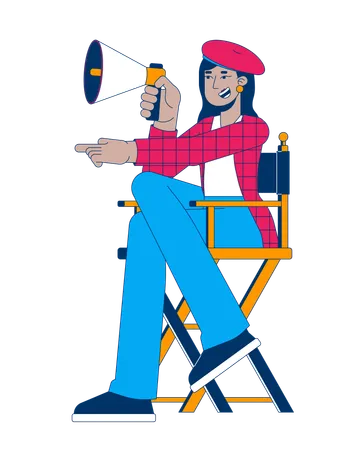 Female film director on chair with megaphone  Illustration