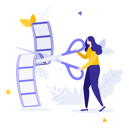 Female film editor trimming video file  Illustration