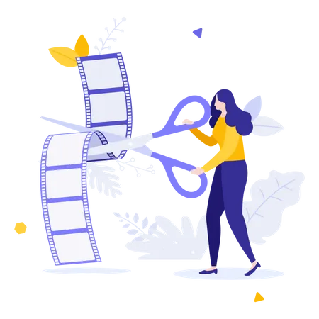 Female film editor trimming video file  Illustration