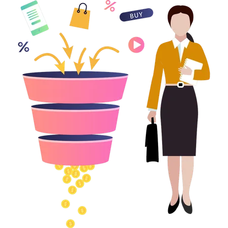 A Female Filters Money Through Online Shopping Illustration