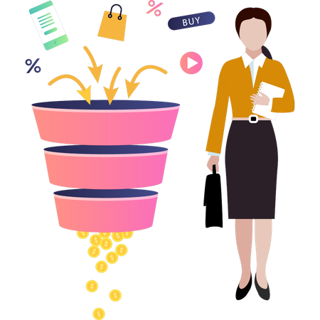 Female filters money through online shopping  Illustration