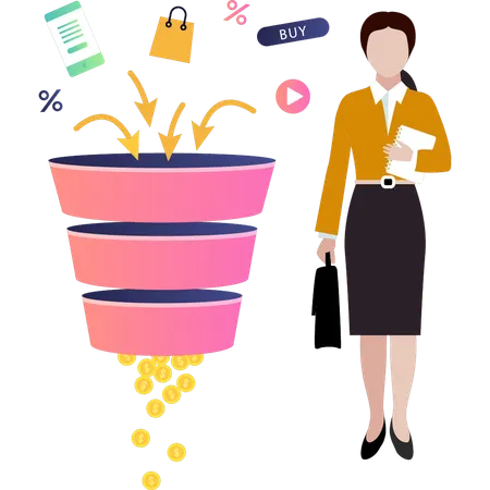 Female filters money through online shopping  Illustration