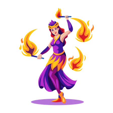 Female fire dancer dancing in circus  Illustration