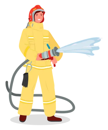 Female fire woman holding fire hose  Illustration