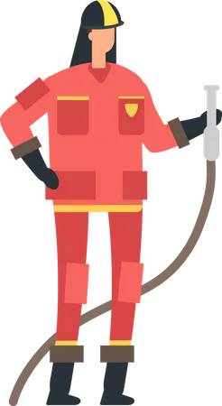 Female fire woman holding fire hose  Illustration