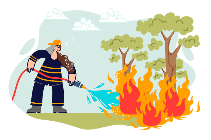 Female firefighter extinguishes burning trees in forest  Illustration