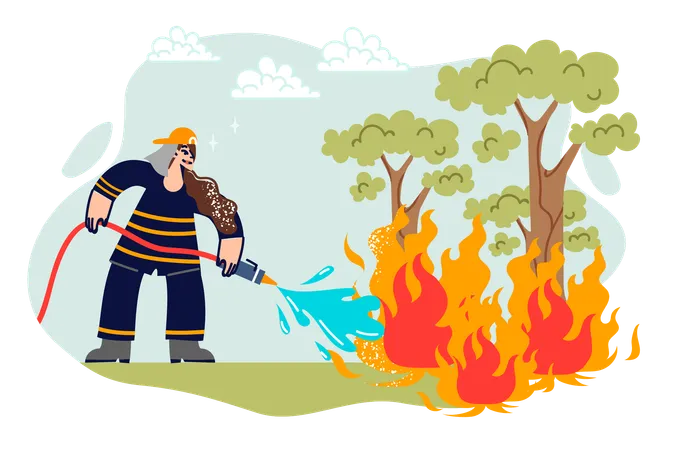 Female firefighter extinguishes burning trees in forest  Illustration