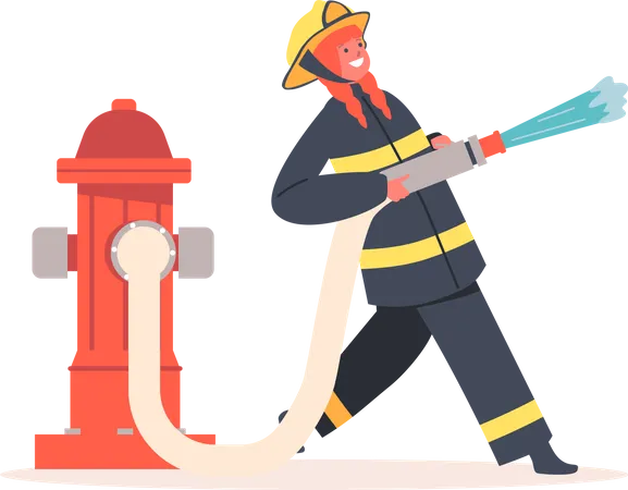 Female Firewoman Spray Water Illustration