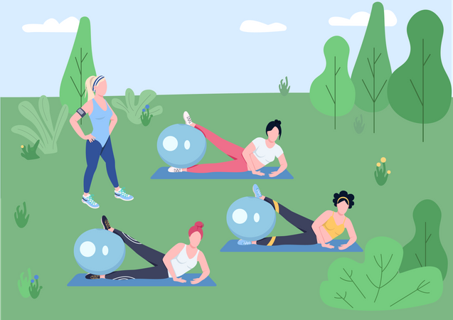 Female fitness instructor and young women training with stability balls Illustration