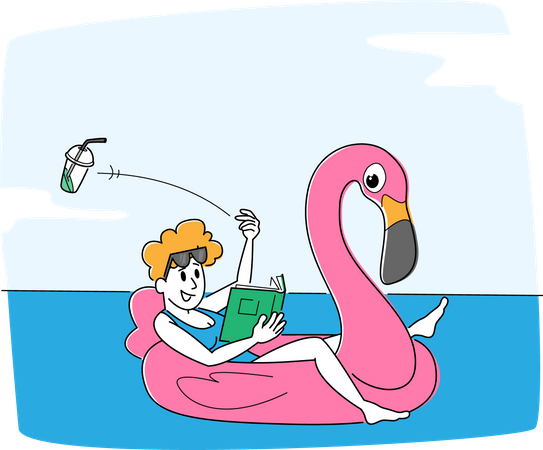 Female Floating on Inflatable Mattress in Sea or Ocean Throw Garbage in Water Illustration