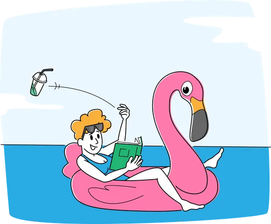 Female Floating on Inflatable Mattress in Sea or Ocean Throw Garbage in Water Illustration