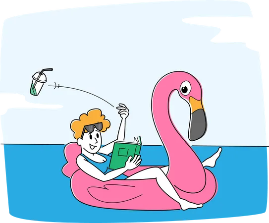 Female Floating on Inflatable Mattress in Sea or Ocean Throw Garbage in Water  Illustration