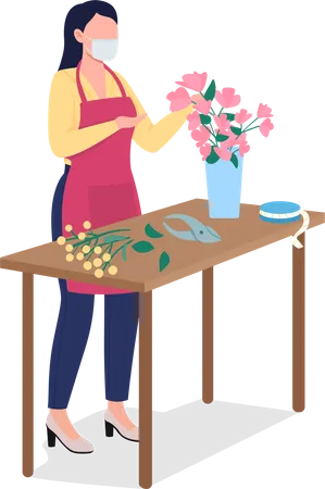 Female Florist In Face Mask Flat Color Vector Faceless Character Floral Workshop Flower Arrangements Floristry Shop Isolated Cartoon Illustration For Web Graphic Design And Animation Illustration