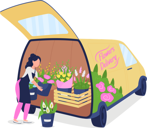 Female florist unloading auto with flowers Illustration