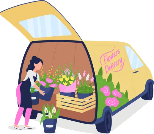 Female florist unloading auto with flowers  Illustration