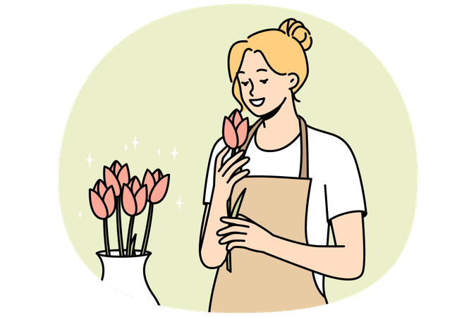 Female florist working with flowers in shop  Illustration