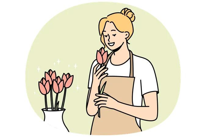 Female florist working with flowers in shop  Illustration