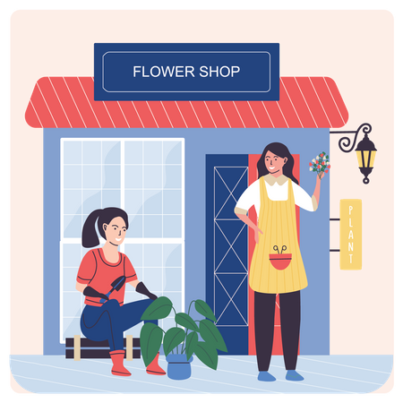 Female Flower Shop owners taking care of plants  Illustration