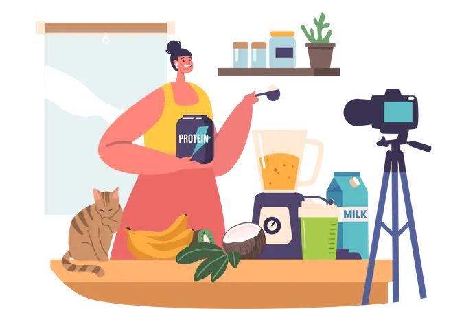 Food Blogger Female Character Expertly Prepares Sport Nutrition Meals On Camera Demonstrating Blend Of Culinary Skills And Knowledge For Athletes And Fitness Enthusiasts Cartoon Vector Illustration 일러스트레이션