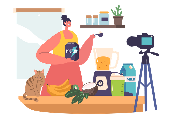 Female Food Blogger Prepares Sport Nutrition Meals On Camera  Illustration