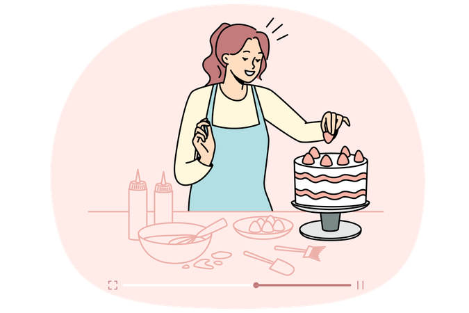 Female food blogger shooting cake recipe on online channel  Illustration