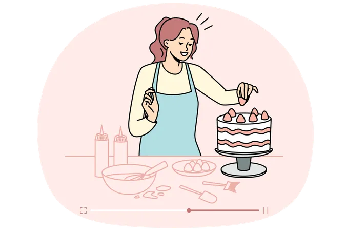 Female food blogger shooting cake recipe on online channel  Illustration