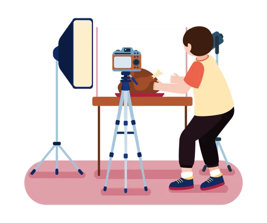 Photographer Man Taking Picture Of Food Still Life In Photo Studio Advertising Photographer At Work Vector Illustration イラスト