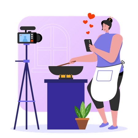 Female food vlogger shooting recipe tutorial Illustration