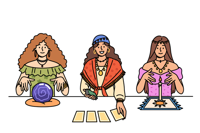 Female fortune tellers use tarot cards and oracle crystal ball to predict future  Illustration